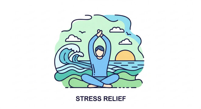 A serene vector art depicting a person meditating by the ocean, promoting stress relief and mindfulness, with calming colors and peaceful scenery