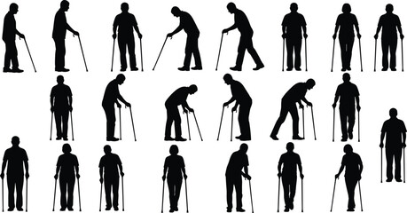 Elderly silhouette collection, cane walking poses, senior mobility icons, aging support figures, physical therapy reference, flat vector illustration
