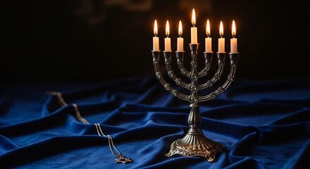 Festive Hanukkah menorah with lit candles against a dark background. Blue tablecloth and a Jewish star necklace provide warm, spiritual atmosphere. Perfect for holiday greetings, event promotion,