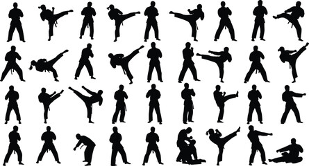 Martial arts silhouette collection, karate kick poses, taekwondo action icons, combat stance graphics, fighter movement set, flat vector illustration