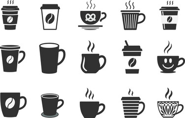 Coffee cup icon collection, cafe mug silhouettes, hot drink symbols, espresso design set, beverage graphic pack, flat vector illustration