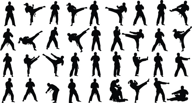 Martial arts silhouette collection, karate kick poses, taekwondo action icons, combat stance graphics, fighter movement set, flat vector illustration