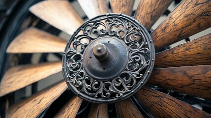 Discover the intricate beauty of a vintage wooden fan's ornate metal hub and weathered blades, evoking timeless industrial elegance and historical craftsmanship.