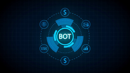 Obraz premium Bot Technology Concept with Business Icons and Blue Grid Keywords: BOT, bot, technology, computer, network, grid, digital, data, communication, business, finance, dollar sign, handshake, email