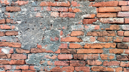 Obraz premium old cracked concrete wall with exposed red brick texture. vintage grunge wall background showing aged plaster peeling off