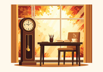 Illustrated scene focusing on a traditional, reddish-brown grandfather clock