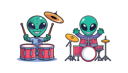 Groovy green alien drummer playing drums, cartoon character ready to rock, fun mascot, vibrant music illustration, perfect for children's books, animation