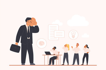 Business skill of boss and leader to listen opinions and feedback. Manager with big ear listening to voice of tiny employees, ideas and suggestions for solving problems cartoon vector illustration