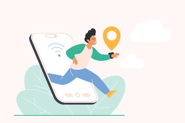 Parental control, kids protection with geolocation tracking app. Happy tiny school boy with smartwatch gadget and location sign on hand jumping out of smartphone screen, cartoon vector illustration