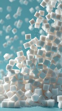 Cubes of white sugar falling and piled up on a blue background
