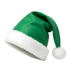 Green Christmas Elf Hat with White Fur Trim and Pom-Pom Isolated on White or Transparent Background
