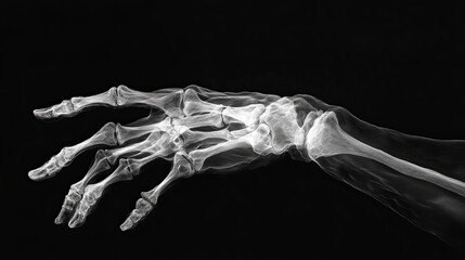 Obraz premium Stunning translucent x-ray of a human hand and forearm revealing intricate bone structure against a dramatic black background