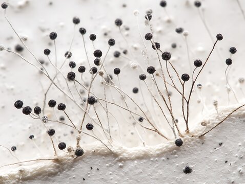 Rhizopus fungus on the surface of bread, white mycelium and black spore heads are clearly visible.