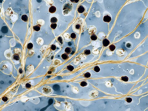 Rhizopus fungus on the surface of bread, white mycelium and black spore heads are clearly visible.