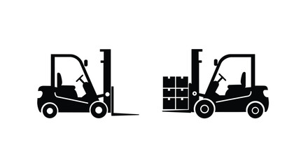 Two forklift silhouettes demonstrate loading and unloading of stacked boxes