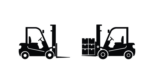 Two forklift silhouettes demonstrate loading and unloading of stacked boxes
