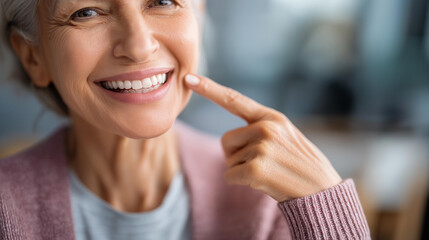 Happy elderly woman pointing at her teeth face visible emphasis on smile senior dental pride healthy teeth aging well dental health perfect smile mature patient gray