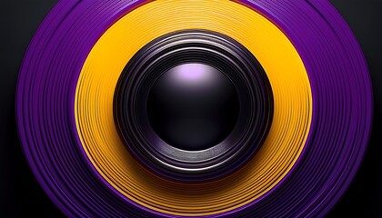 black purple and yellow gradient circular object with glossy finish featuring central circle and horizontal stripe modern and minimalistic design futuristic and vibrant