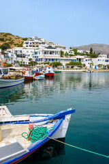 Fototapeta premium Fishing port in Xilokeratidi, a charming little settlement in the bay of Katapola. Amorgos, Cyclades, Greece