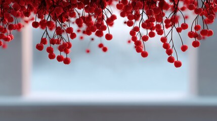 Close-up of a bunch of red berries hanging from a branch. the berries are clustered together and appear to be small and round.