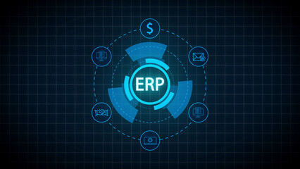 Digital ERP concept with icons for finance email business growth handshake and computer on a dark grid background Keywords: ERP, Enterprise Resource Planning, digital, technology, network