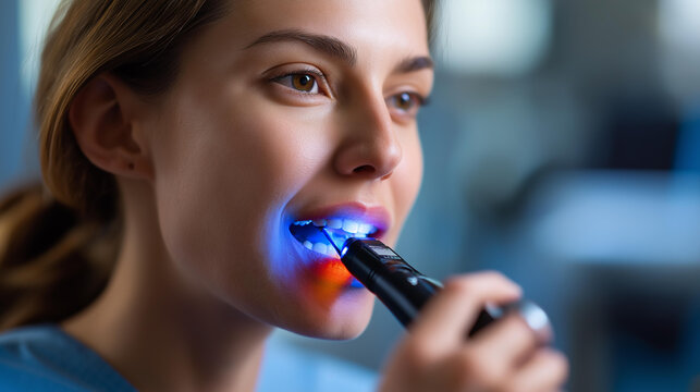 Intraoral scanner in use patient mouth visible face not shown digital impression 3D scanning modern technology dental scanning digital dentistry scanning wand technology