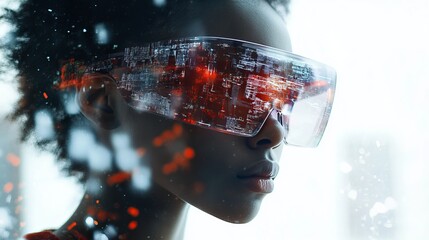 Stunning woman experiences futuristic digital reality through advanced augmented reality glasses, embracing innovation and boundless possibilities.