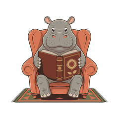 Charming cartoon hippo engrossed in a captivating book while relaxing in a cozy armchair, creating a whimsical and inviting scene for any project