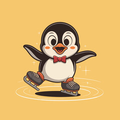 Adorable penguin cartoon character ice skating with a red bow tie, perfect for winter holiday promotions and festive animal designs, creating joyful emotions