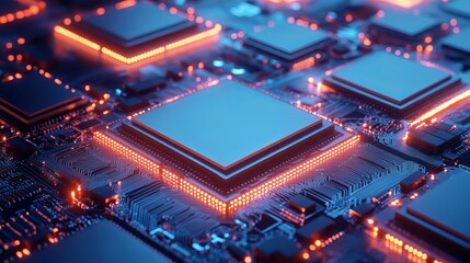 Fototapeta premium Dynamic glowing circuit board with intricate pathways and central processor, showcasing advanced technology and digital innovation in a modern, futuristic aesthetic.