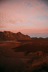 Warm sunset glow panorama over Tenerife's volcanic terrain, excellent for travel blogs, nature photography, and stock photo markets