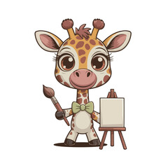 Adorable cartoon giraffe artist holding paintbrush ready to create masterpiece on easel, perfect for creative projects and children's themes