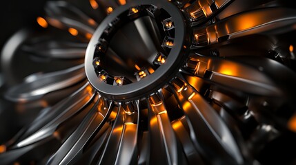 Intricate metallic turbine blades with glowing orange lights create a powerful, high-tech, and futuristic industrial design.
