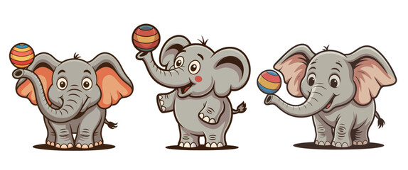 Three cheerful cartoon elephants playfully balancing colorful striped balls on their trunks, showcasing joy and skill.