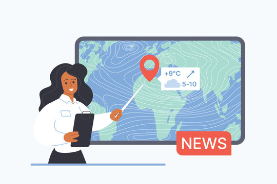 Vector illustration of a female weather presenter explaining temperature and wind forecast using a large meteorological map on television news broadcast.