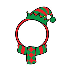 Cute elf hat and scarf Christmas wreath frame vector illustration, cartoon holiday border circle in red and green, fun and playful Christmas design on white background