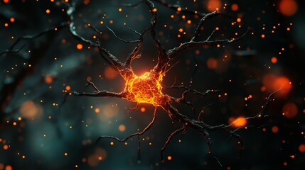 Vibrant, glowing neuron with intricate branches and energetic sparks, representing brain activity, neural network, or scientific research breakthroughs.