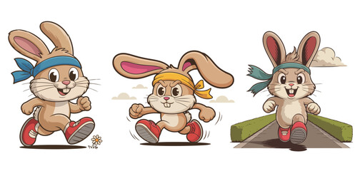 Energetic cartoon bunnies running with headbands and sneakers, capturing the spirit of fitness and active fun for kids' designs and campaigns.