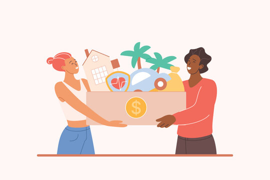 Family dreams of wealth and financial stability, motivation of budget planning. Tiny young husband and wife hold box with car and travel, health and house expenses cartoon vector illustration