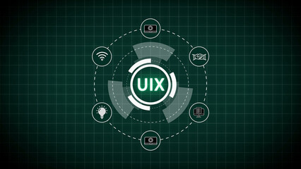 Obraz premium User Experience Interface Design Concept with Icons and Grid Background Keywords: UIX, user experience, interface, design, UX, user interface, UI, technology, digital, innovation, concept
