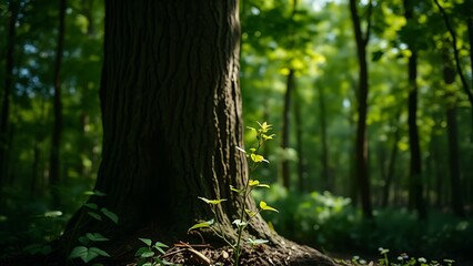 followership. A young sapling grows beside a mature tree in a sun-dappled forest, symbolizing the cycle of life. ESG reports, sustainability campaigns, designed for environmental awareness campaigns.