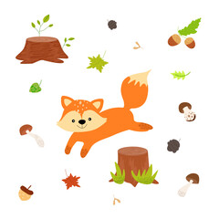 A cute forest animal &ndash; a fox, hand-drawn with textures on a white background, tree stump, mushrooms, leaves, pine cones, acorns, for printing cards, banners, and advertising.