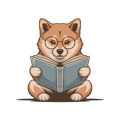 Adorable Shiba Inu Reading a Book with Glasses for Educational and Animal-Themed Designs, Perfect for Children's Illustrations and Pet-Related Content
