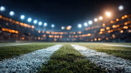spectator. Football field perspective in an athletic stadium, evening ambiance with blurred backdrop. event programs, museum guides, designed for cultural heritage projects and event programs.