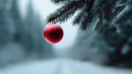 Close-up of a red christmas bauble hanging from a branch of a pine tree. the bauble is spherical in shape and appears to be made of a shiny, shiny material.