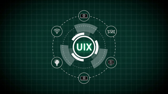 User Experience Interface Design Concept with Icons and Grid Background Keywords: UIX, user experience, interface, design, UX, user interface, UI, technology, digital, innovation, concept