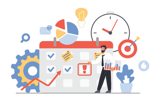 Project management, automation of goal task planning. Tiny businessman putting exclamation point of deadline on calendar day, employee holding statistic analysis chart cartoon vector illustration