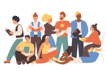 Young people group reading books together, modern readers club, festival. Diverse crowd of adult happy characters read literature, exchange different library books cartoon vector illustration