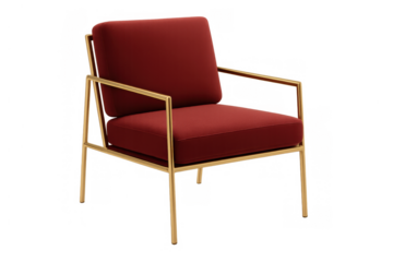 Red fabric armchair with golden frame, modern lounge seat, contemporary furniture object for home and office