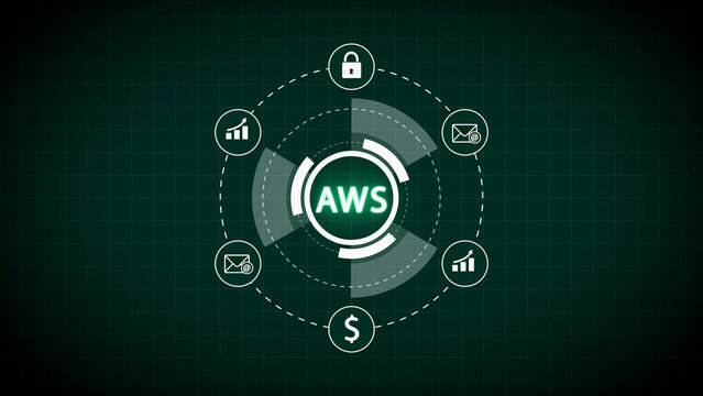 Amazon Web Services AWS Digital Network Diagram with Icons and Green Grid Background cloud computing